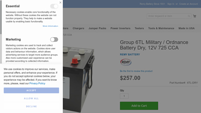 Group 6TL Military / Ordnance Battery Dry, 12V 725 CCA